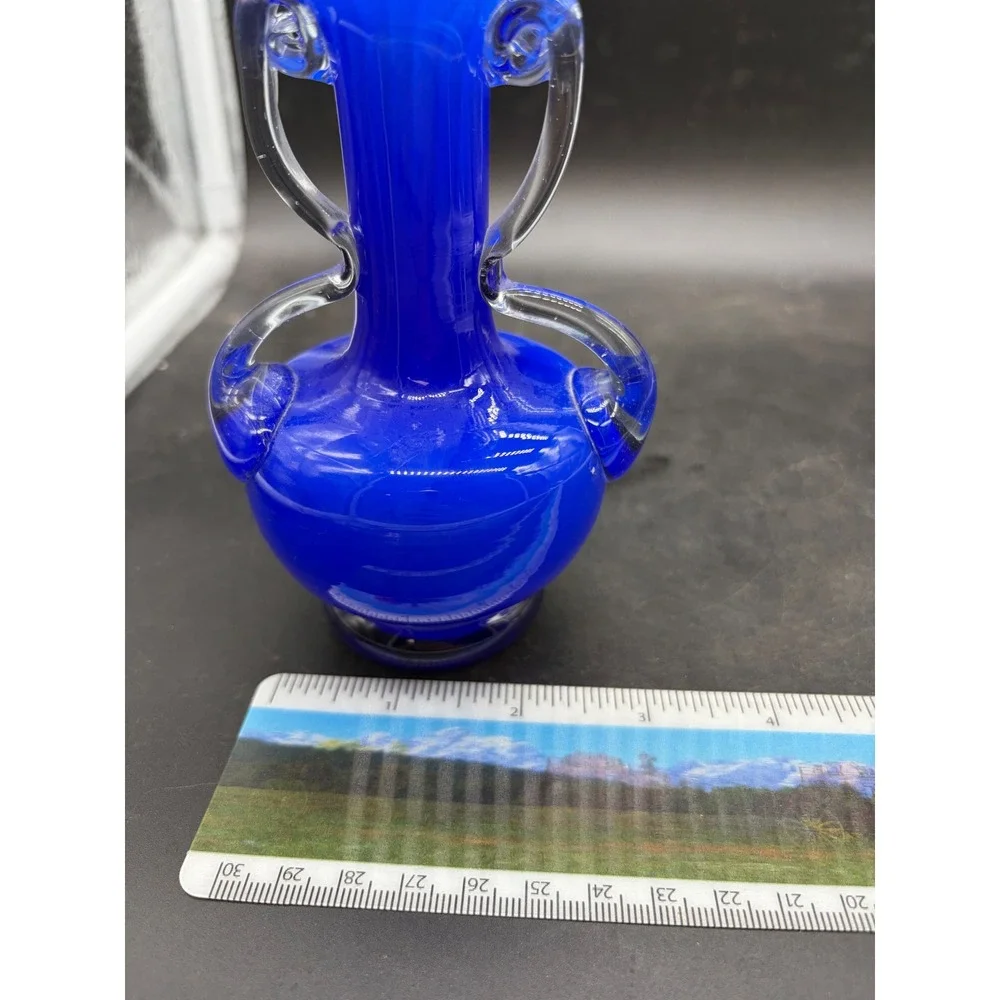 Vintage Cobalt Blue Art Glass Vase Ruffled Rim White‎ Opalescent Applied Handles